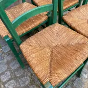 4 solid wood green straw chairs in Bistrot Campagne style from the 1980s.