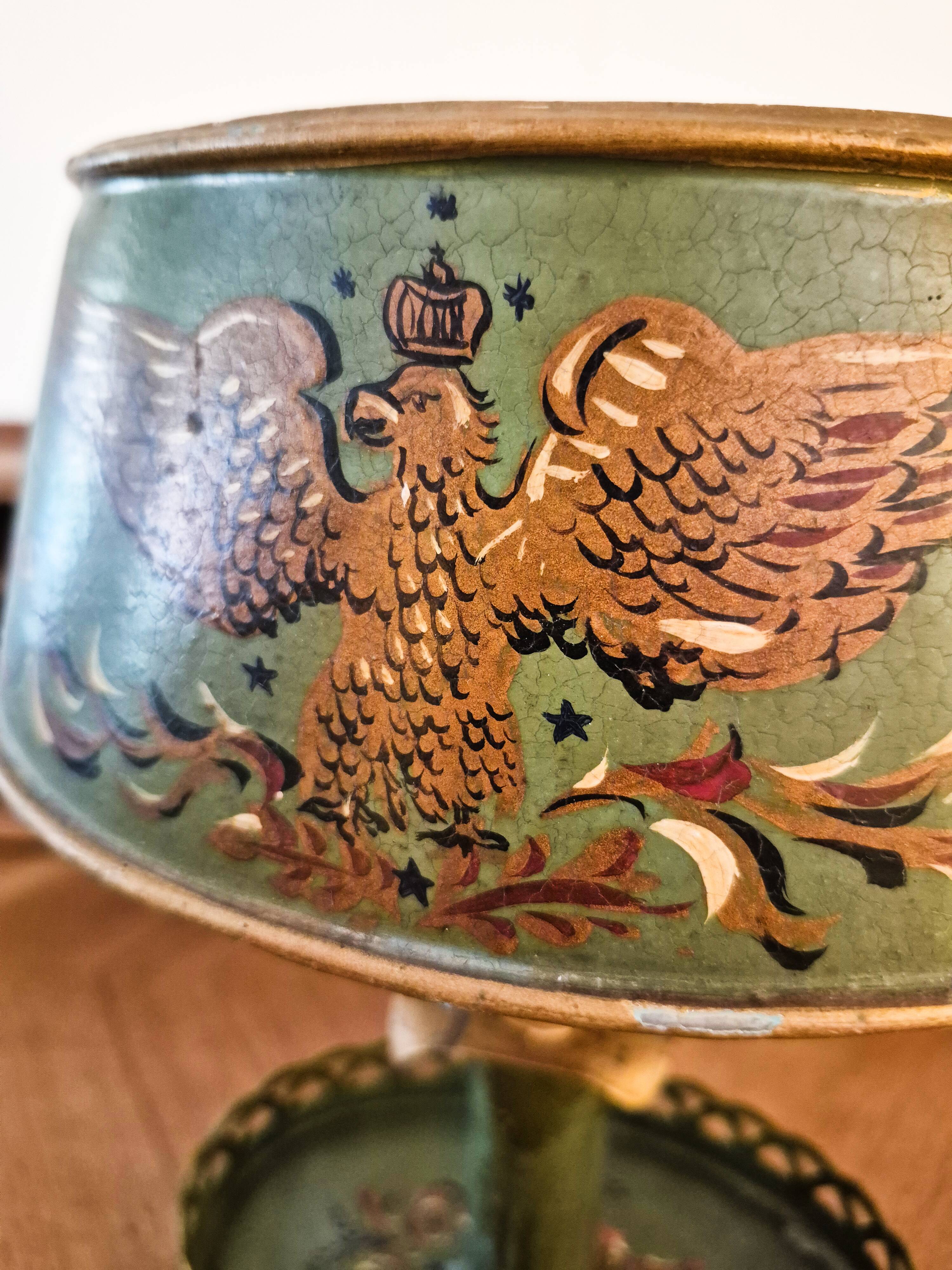 Metal bouillotte lamp, Empire style, green metal shade.