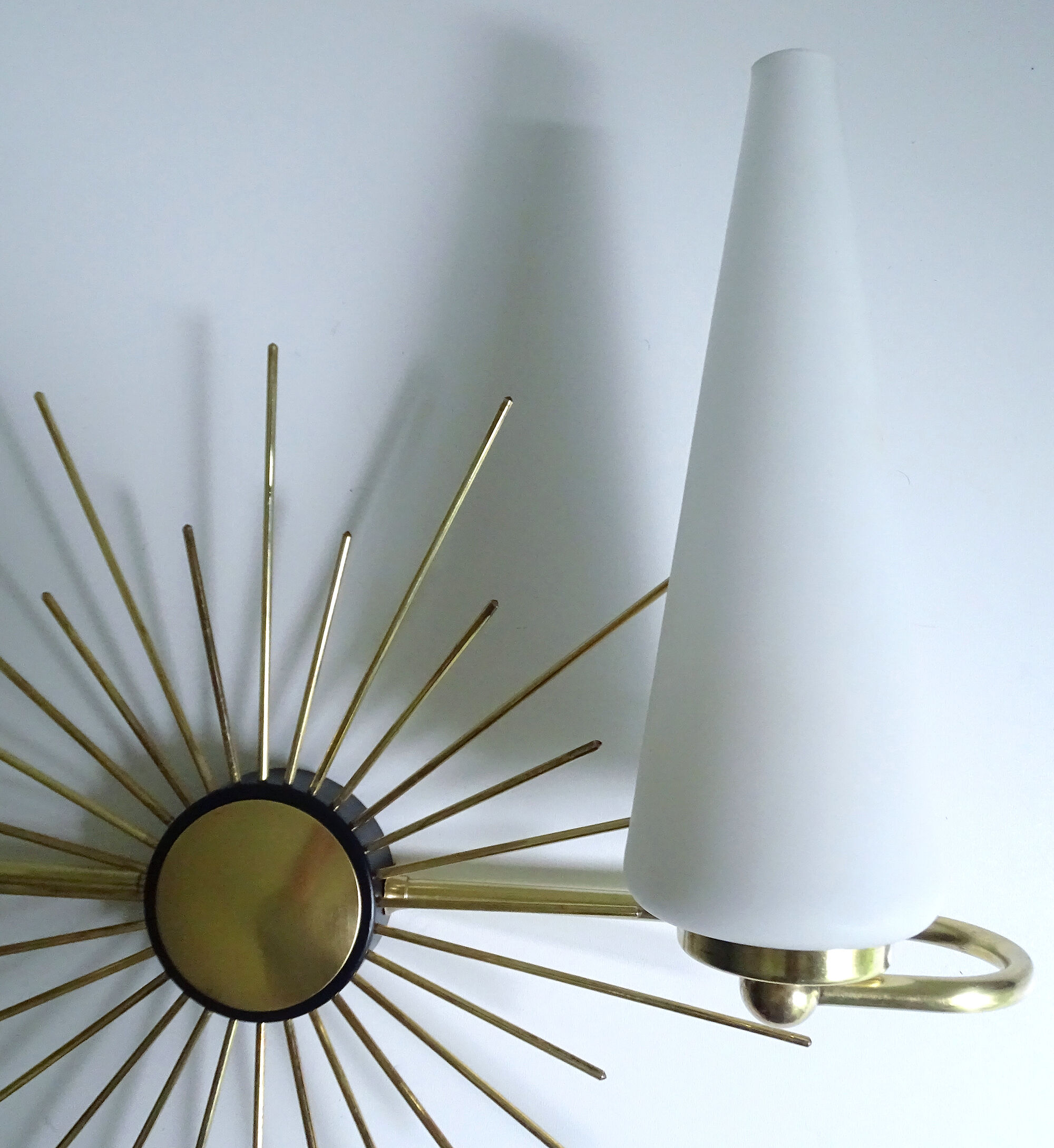 Pair of vintage sconces, sun, glass and brass, 60s