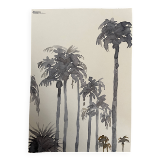 Signed monochrome watercolor painting “sunset over the palm trees”