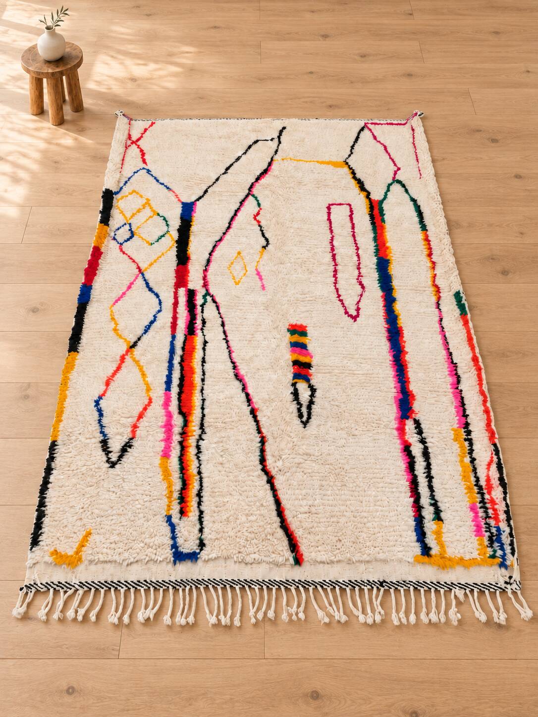 Large cream Berber rug with colourful patterns – 290 × 200 cm