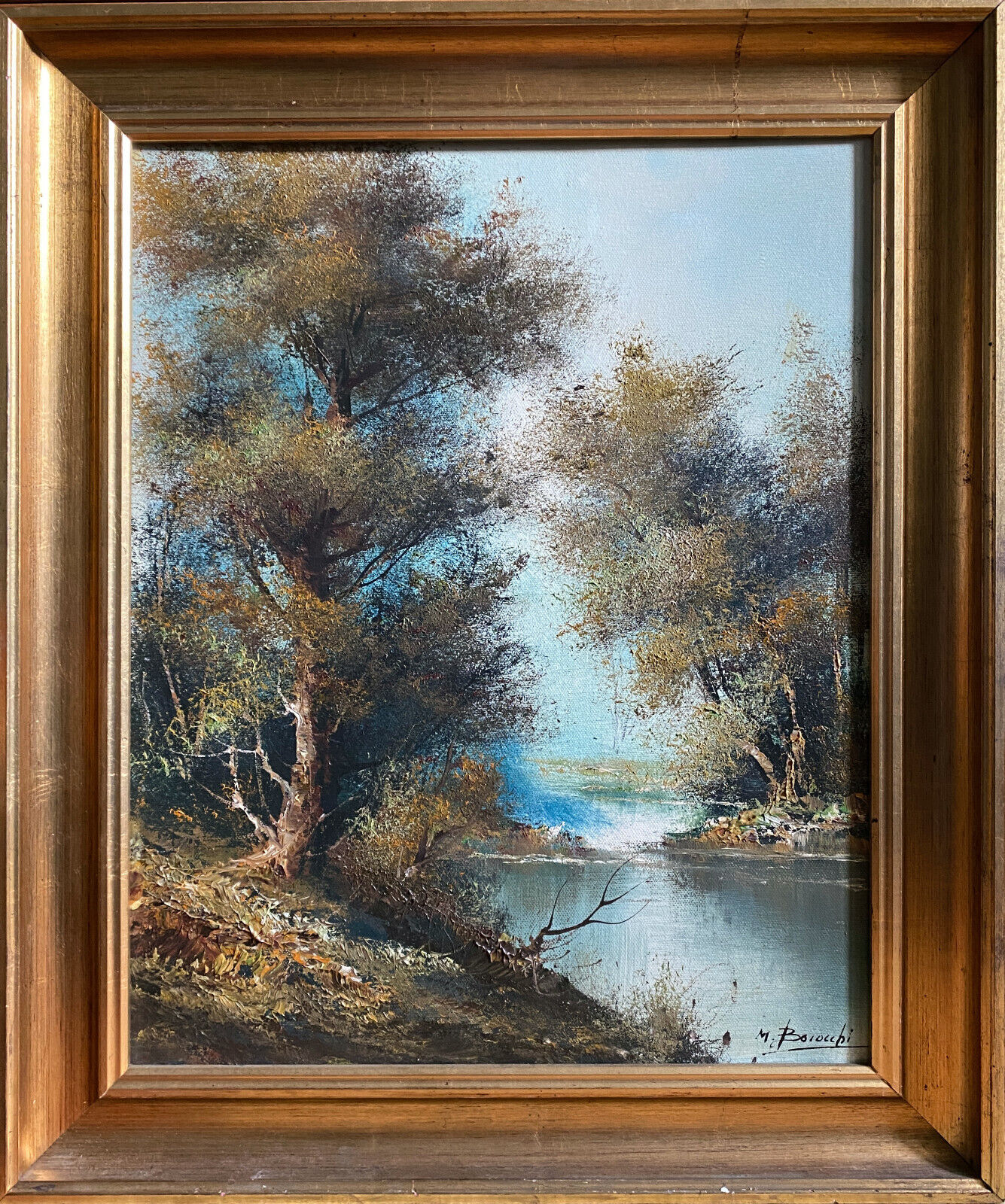 Table HST "Landscape at the river" signed ec. Italian with frame