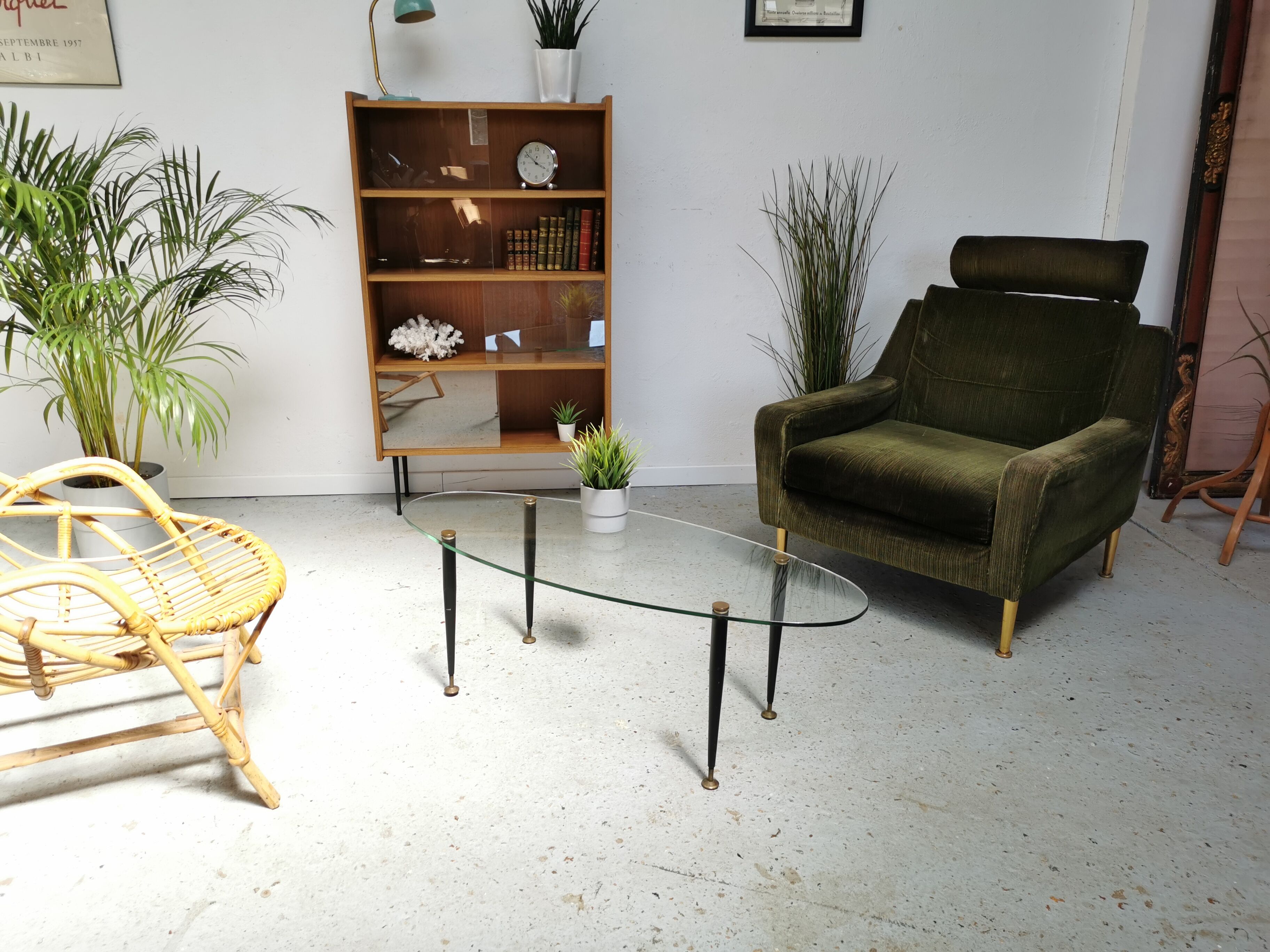 Table basse vintage 1950 verre métal et laiton