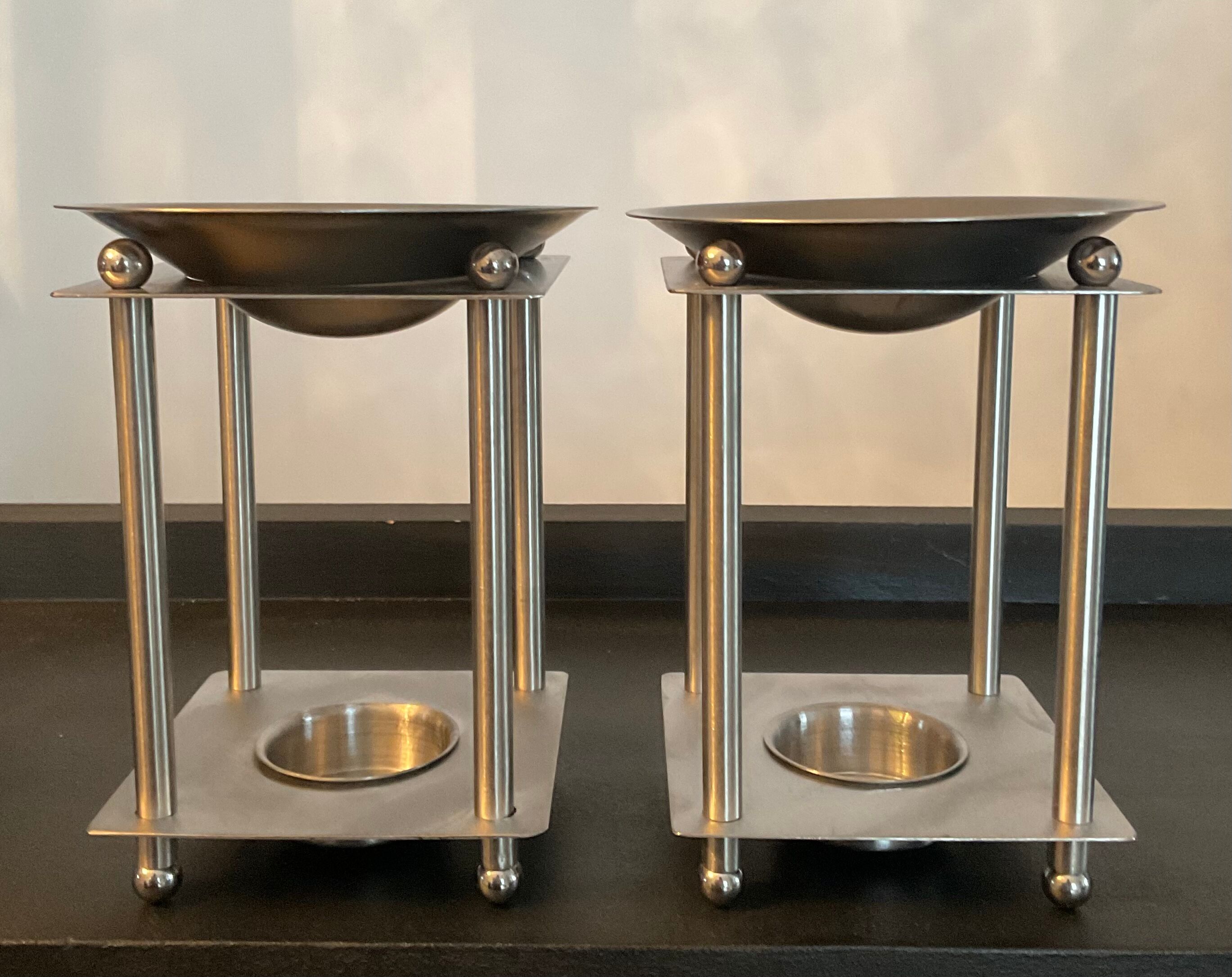 Pair of candlesticks/burner modernist perfume in chromed metal