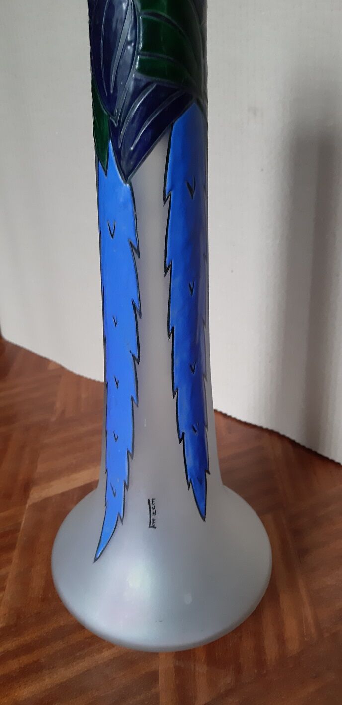 Art Deco enamel vase signed Leune