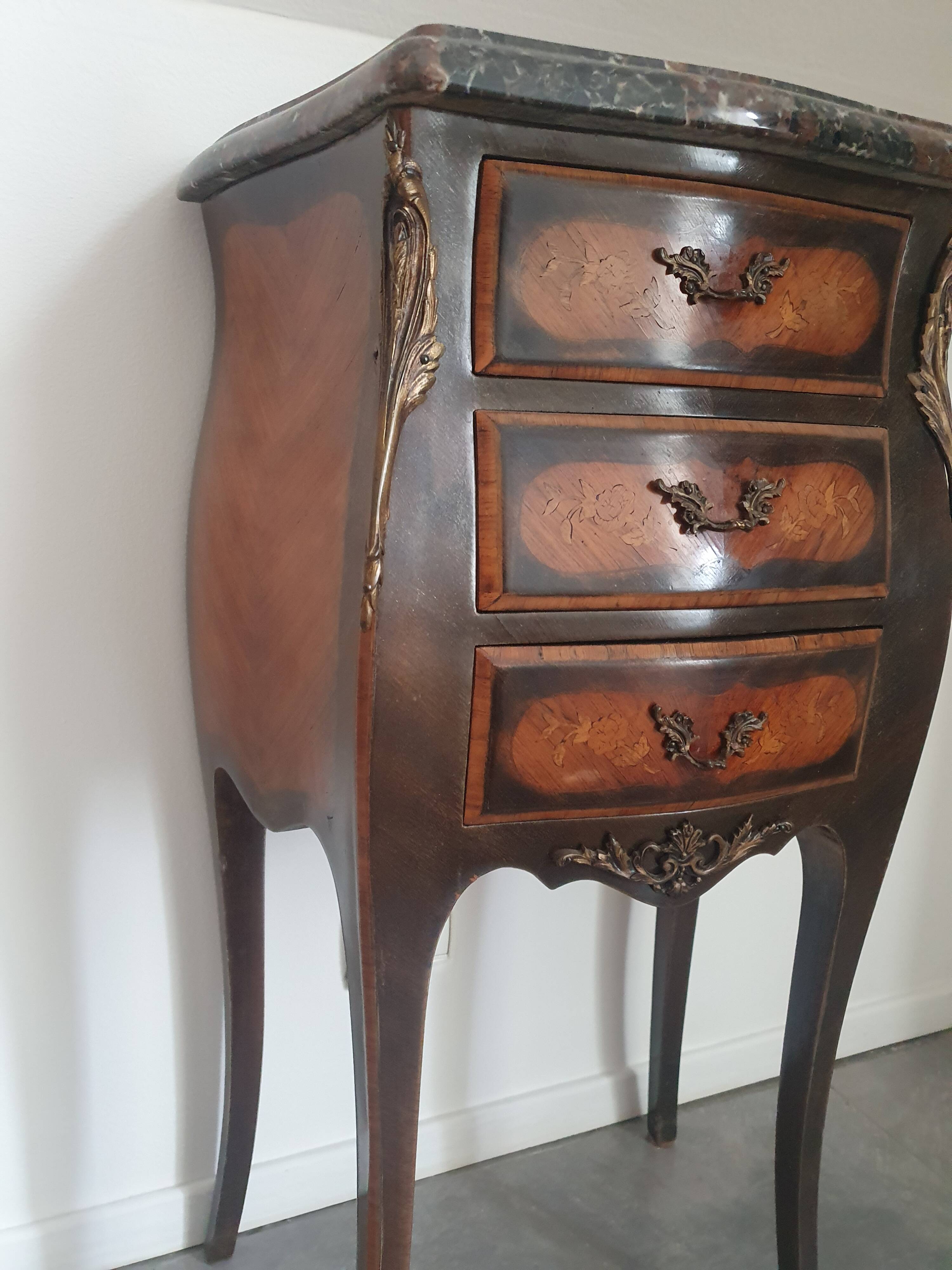 Antique marquetry bedside table, marble top