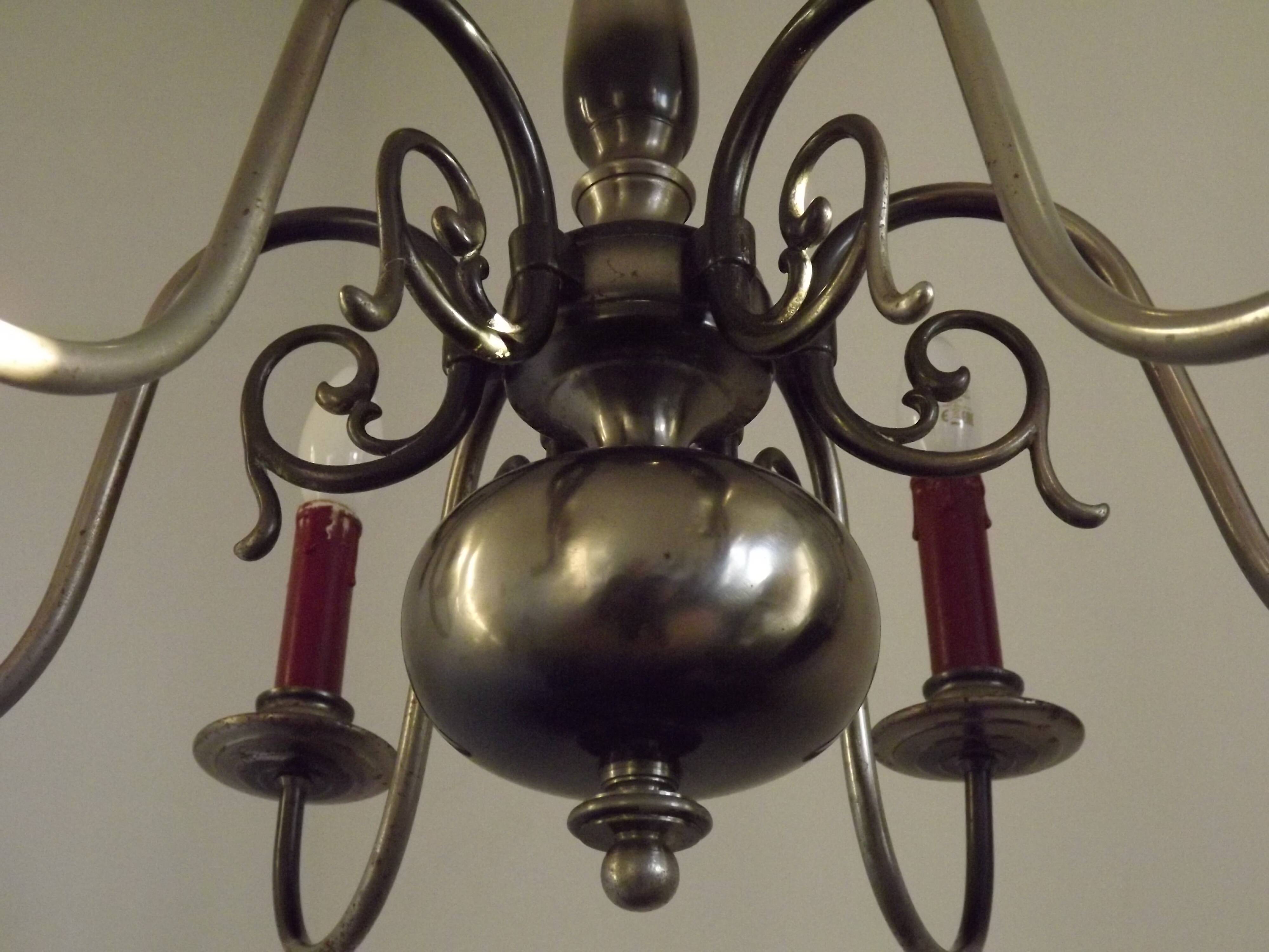 French Vintage Two-Tone Silver Metal 6-Light Flemish Chandelier with Red Drips