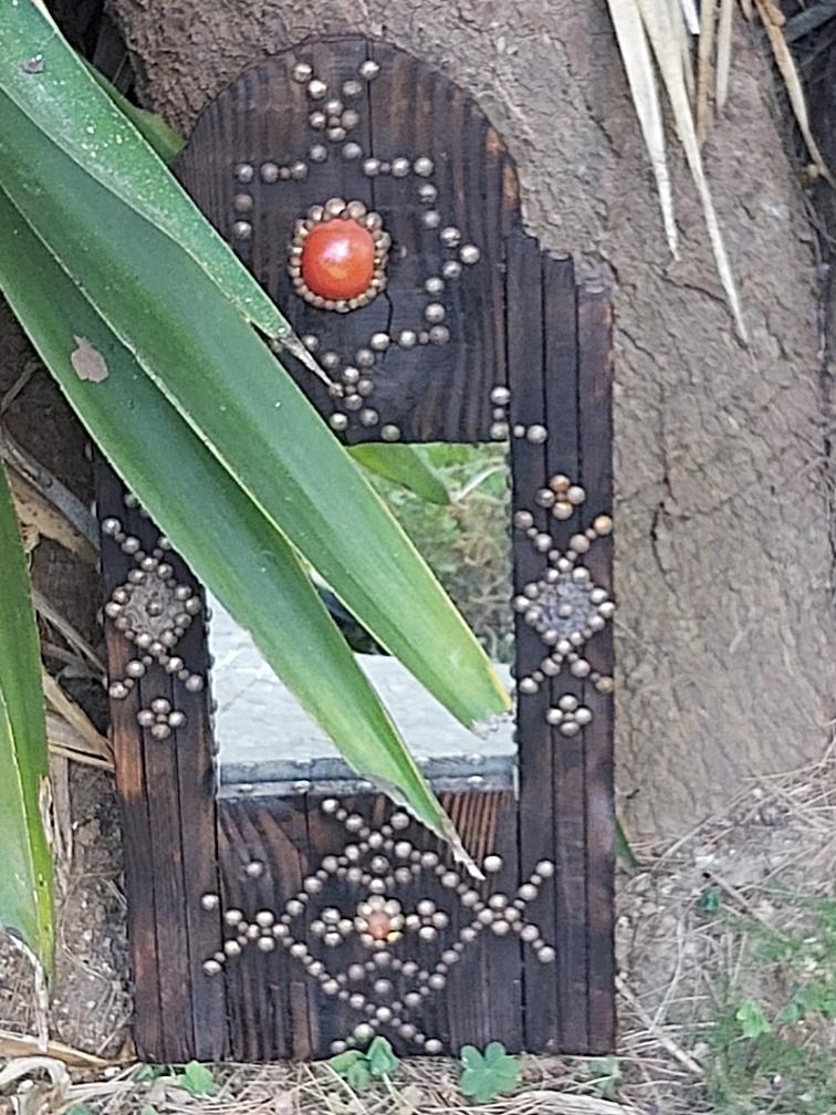 Ancient brutalist oriental wooden mirror 23x53cm