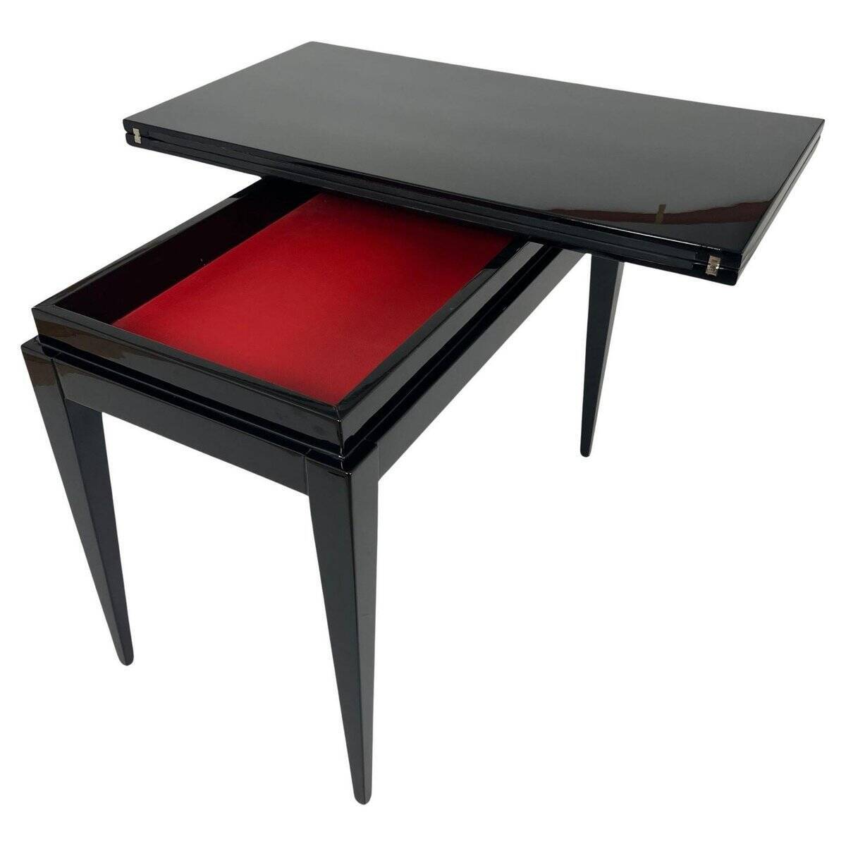 Art Deco Games Table in Black Lacquer, Red and Black Leather, France, 1930s