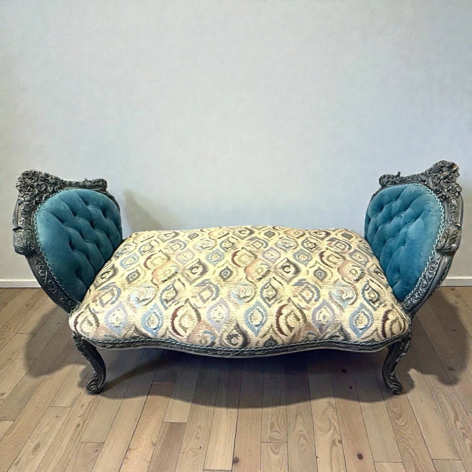 A Louis XV style chaise longue in dark blue and grey carved beech wood