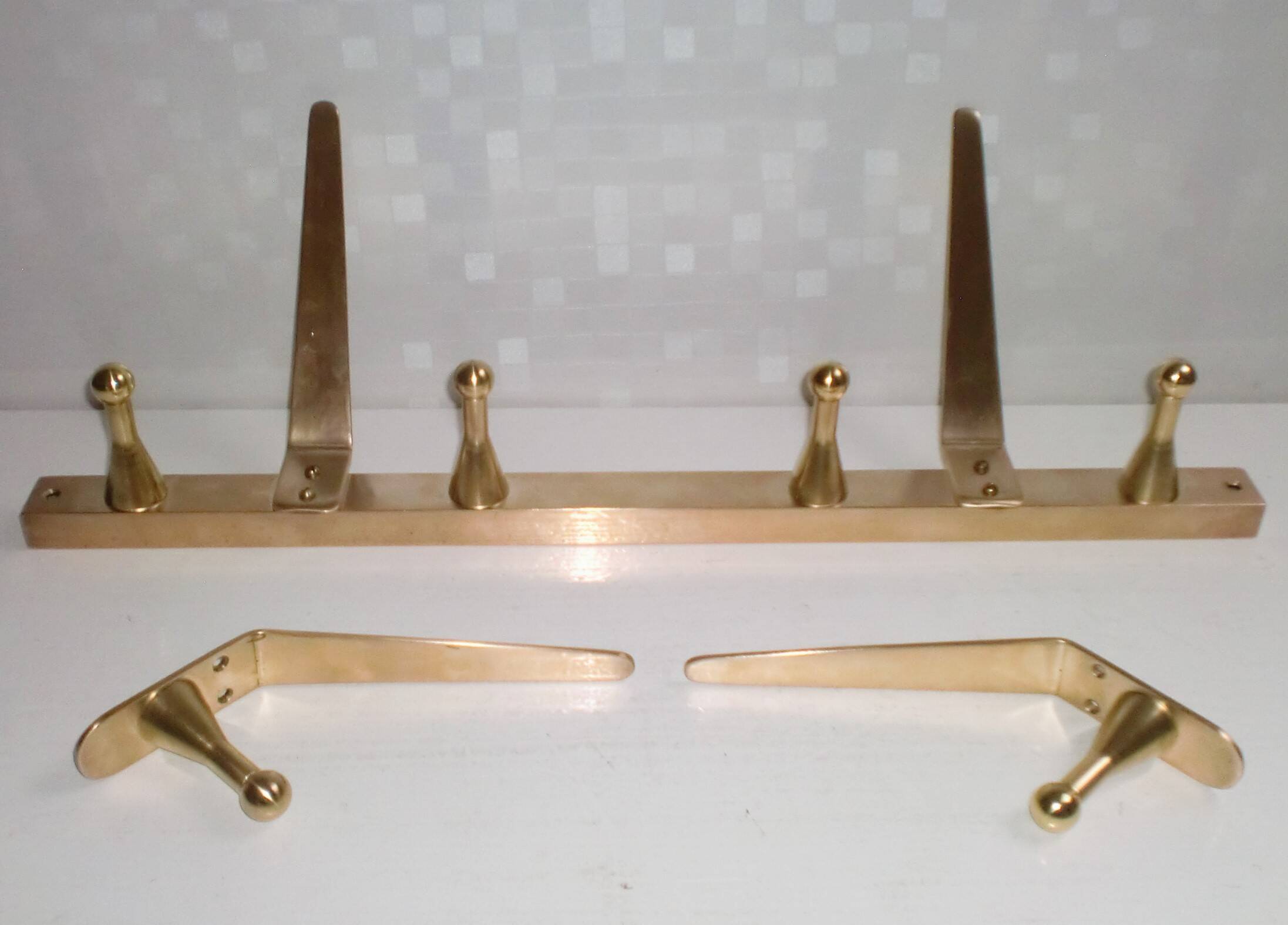 Original WHW Workshop HAGENAUER Vienna, Brass Wall Coat Rack + 2 Hooks