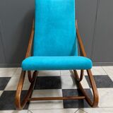 Ton, Thonet arm less rocking chair in blue velvet upholstery