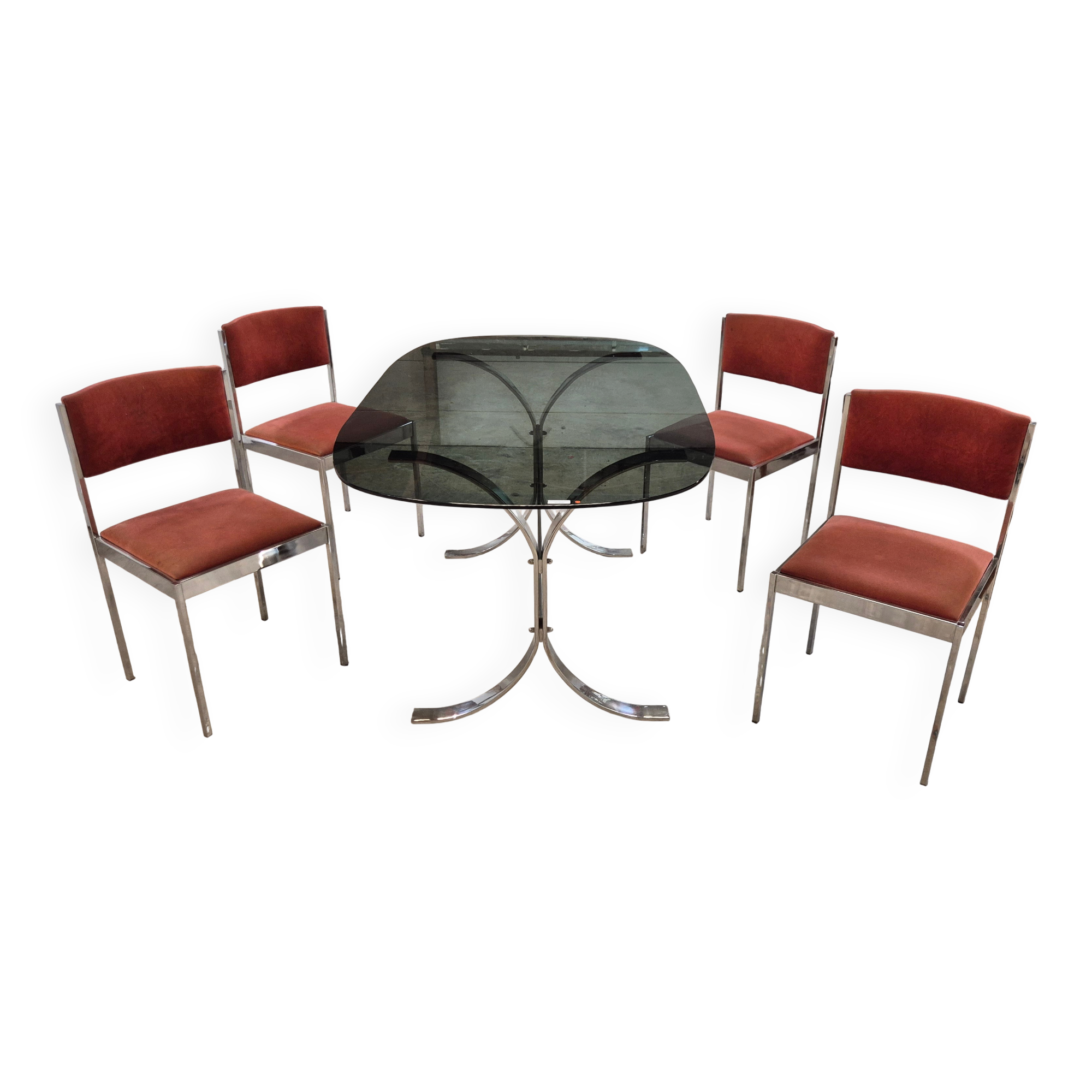 Dining room table + 4 stainless steel and smoked glass chairs 1970