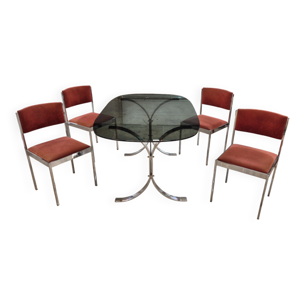 Salle a manger table + 4 chaises inox et verre fume 1970