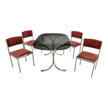 Salle a manger table + 4 chaises inox et verre fume 1970