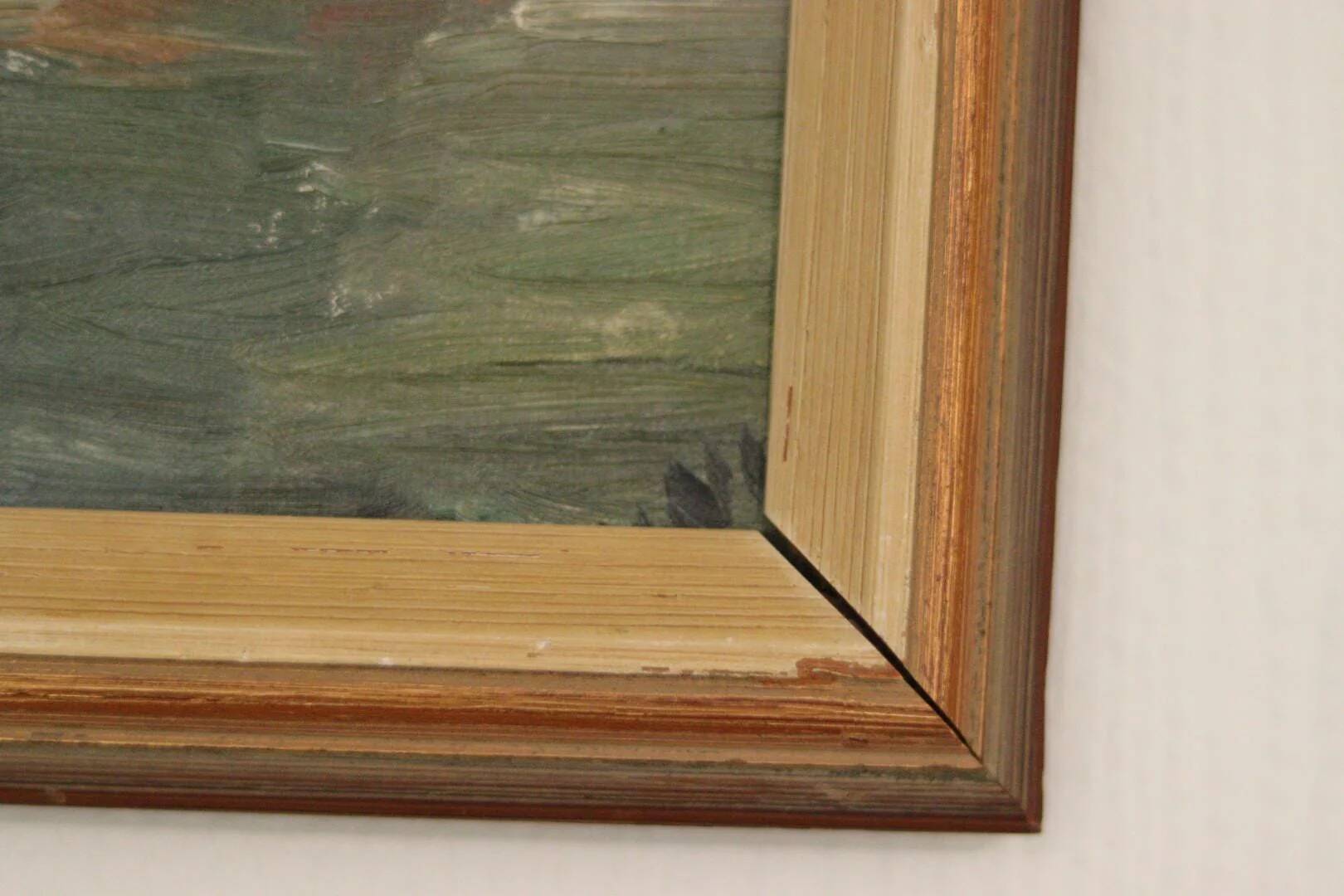 Huile sur toile originale européenne — Maison au bord du lac