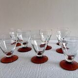 Service set of 8 antique glasses with port faceted or cooked wine Blown glass Amber foot 50s