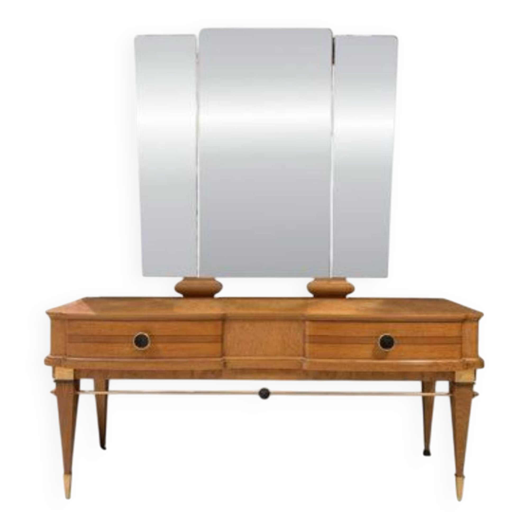 Art Deco dressing table with a triptych mirror in blonde maple and briar burl.