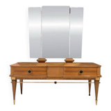 Art Deco dressing table with a triptych mirror in blonde maple and briar burl.
