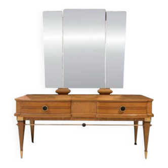 Art Deco dressing table with a triptych mirror in blonde maple and briar burl.