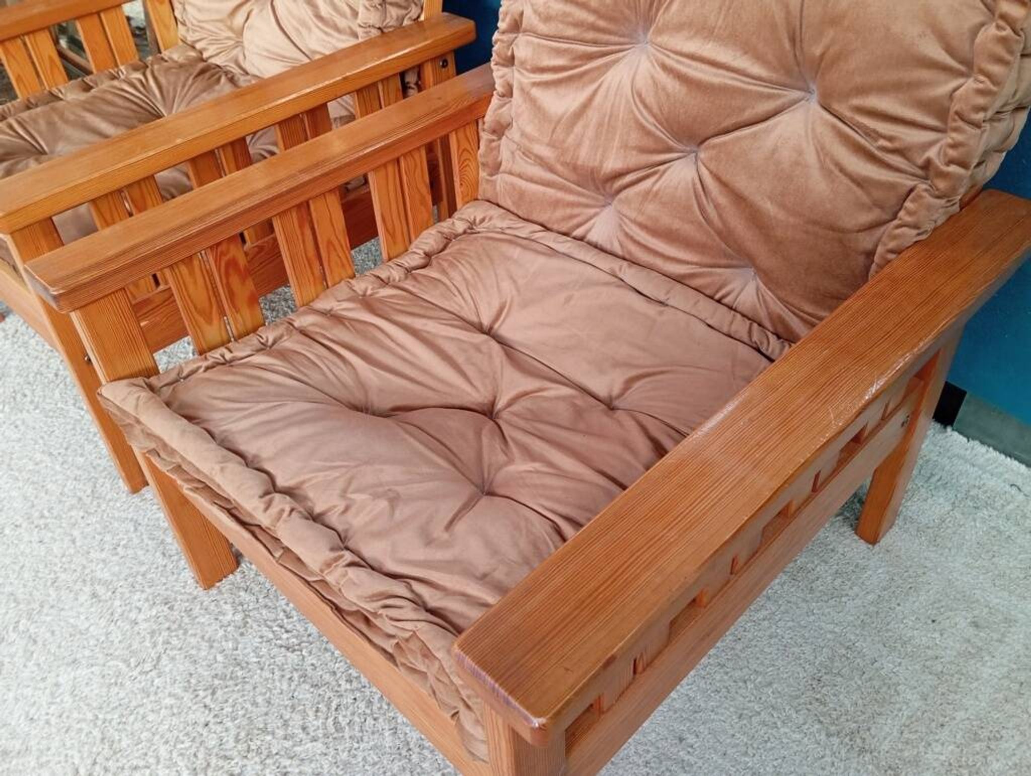 Pair of 70s pine armchairs