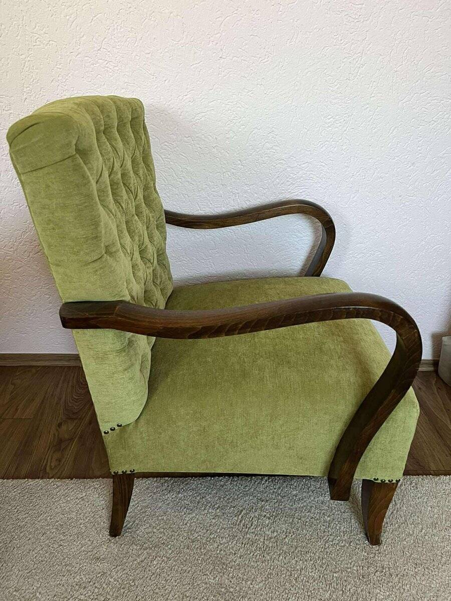 Art Deco walnut and green velvet armchair, Central Europe, 1930s