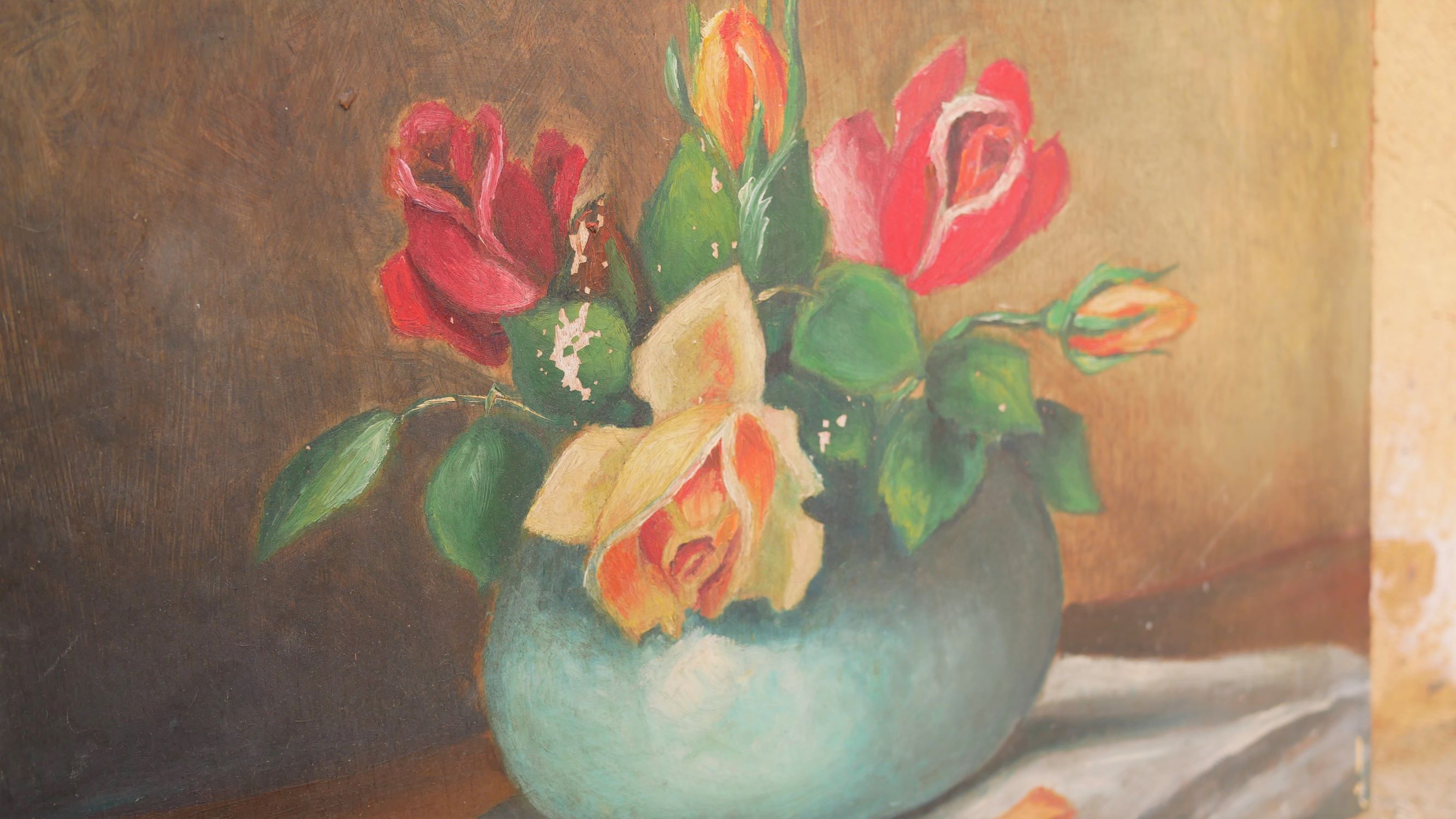 Painting, vintage wood painting Flowers