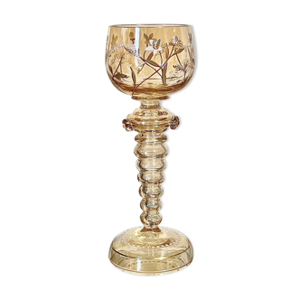 Antique roemer fritz heckert hock wine glass. hand blown and handpainted hock wine glass with hollow