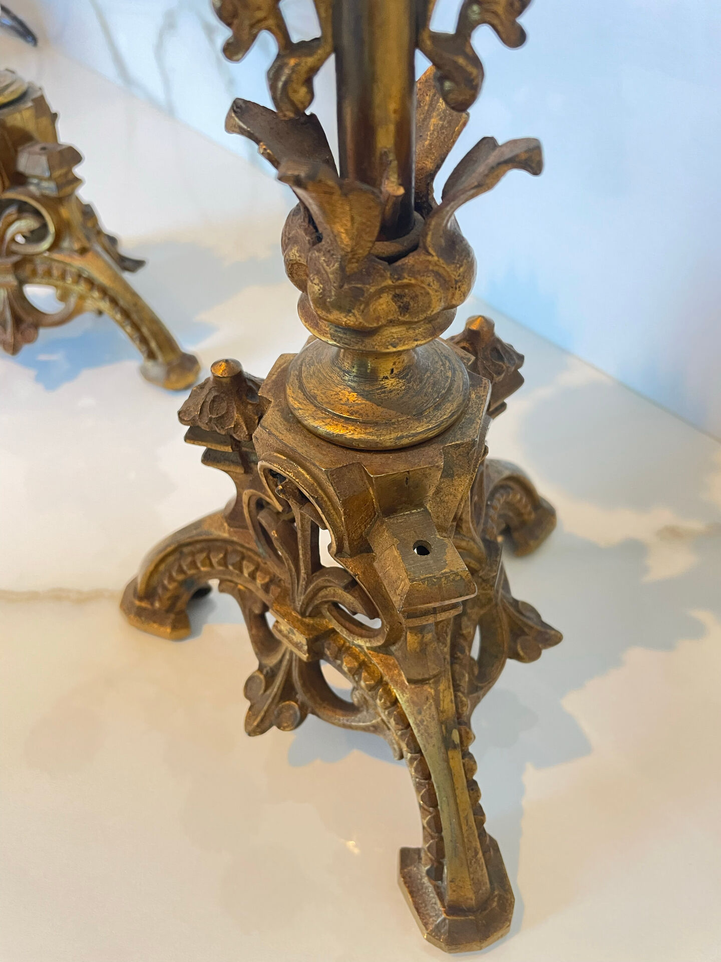 Pair of church candelabra - 19th century - in bronze and brass, 5 lights / c