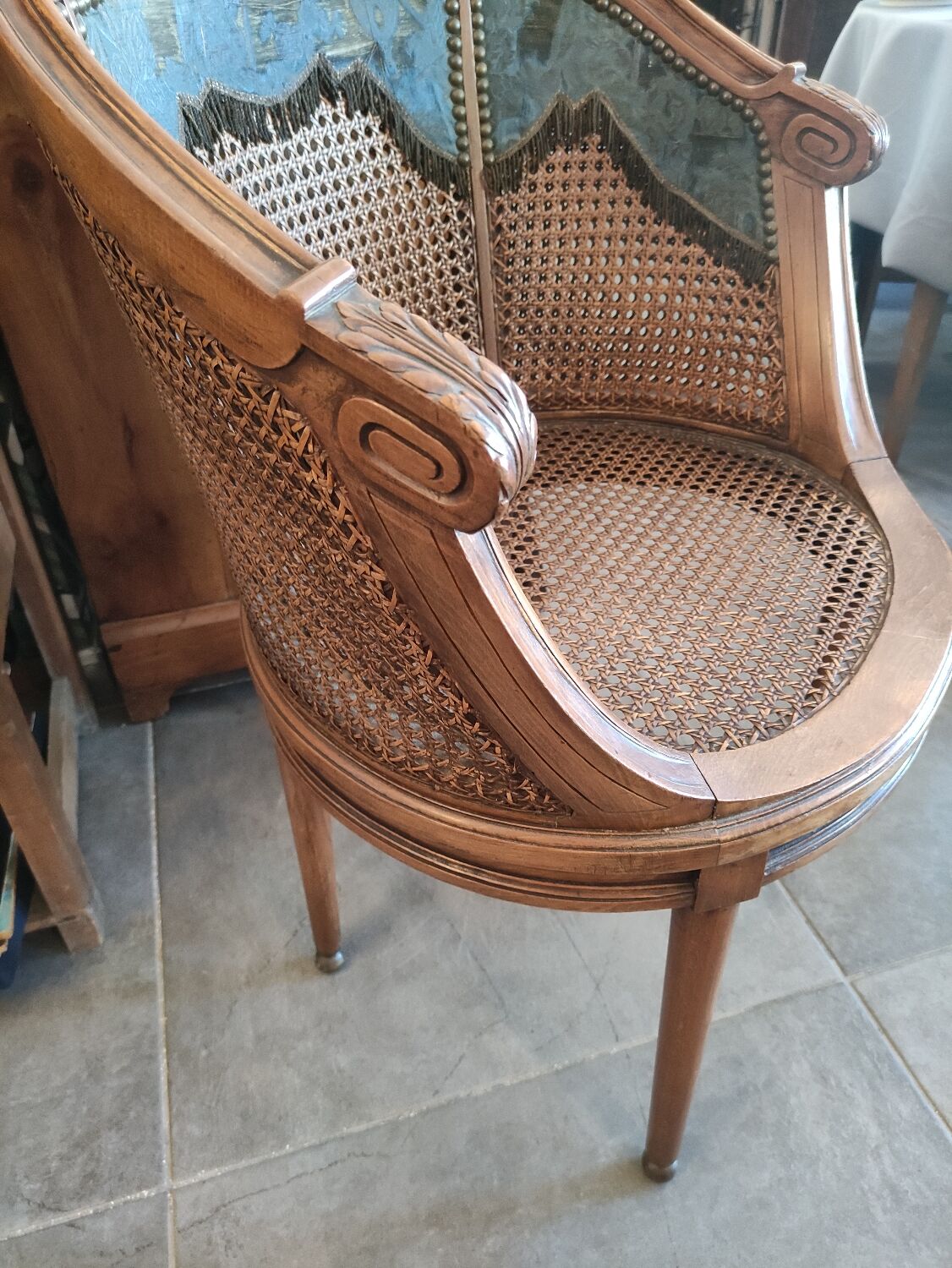 Louis XVI style office armchair in walnut and canning