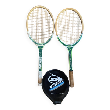 Pair of vintage dunlop club wooden tennis rackets + sports cover