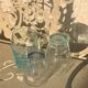 Liquor service consisting of a blue glass decanter and. 3 small antique glasses
