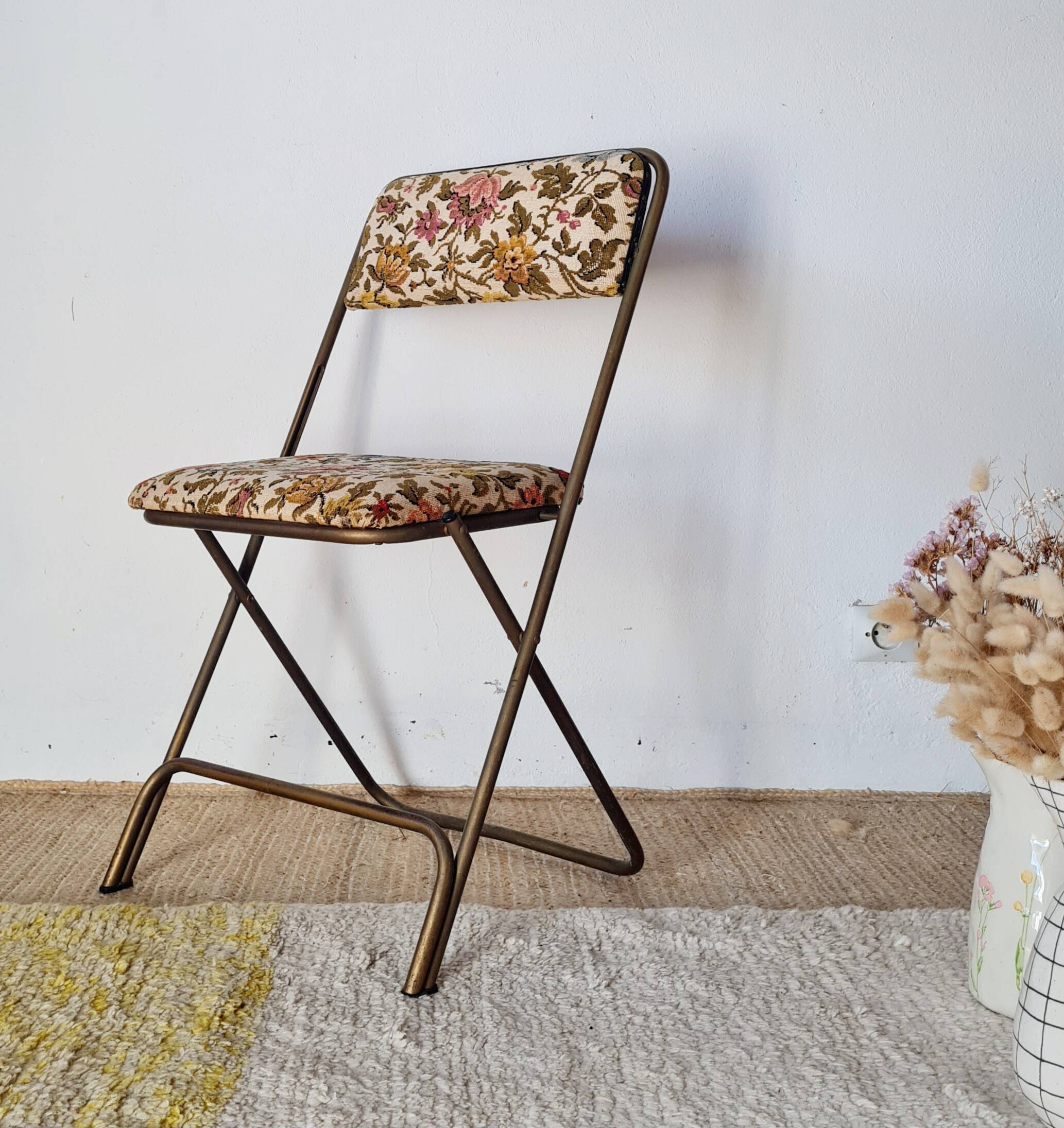 Chaise pliante vintage Lafuma modèle "Chantazur" à motif fleuri