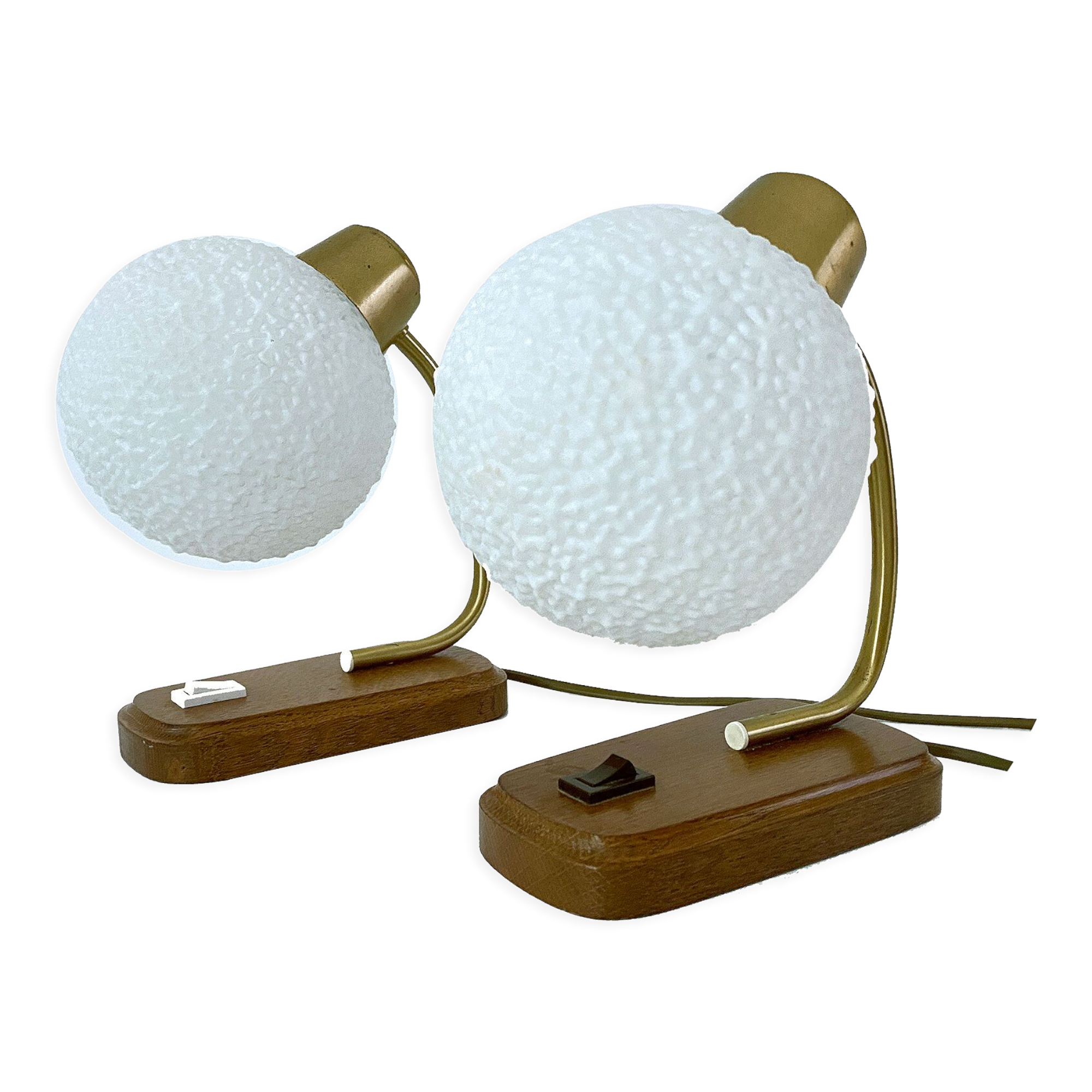 Pair of Scandinavian Vintage Lamps, Wood, Brass and Glass, 60s