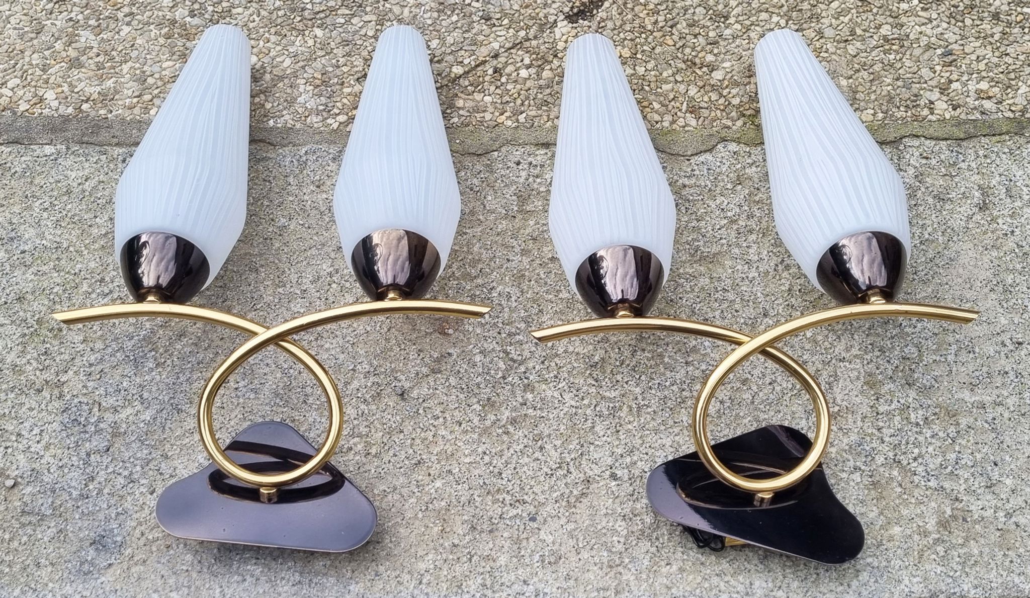 Pair of wall lamps, brass and opaline, vintage, Maison Lunel, 50s