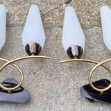 Pair of wall lamps, brass and opaline, vintage, Maison Lunel, 50s