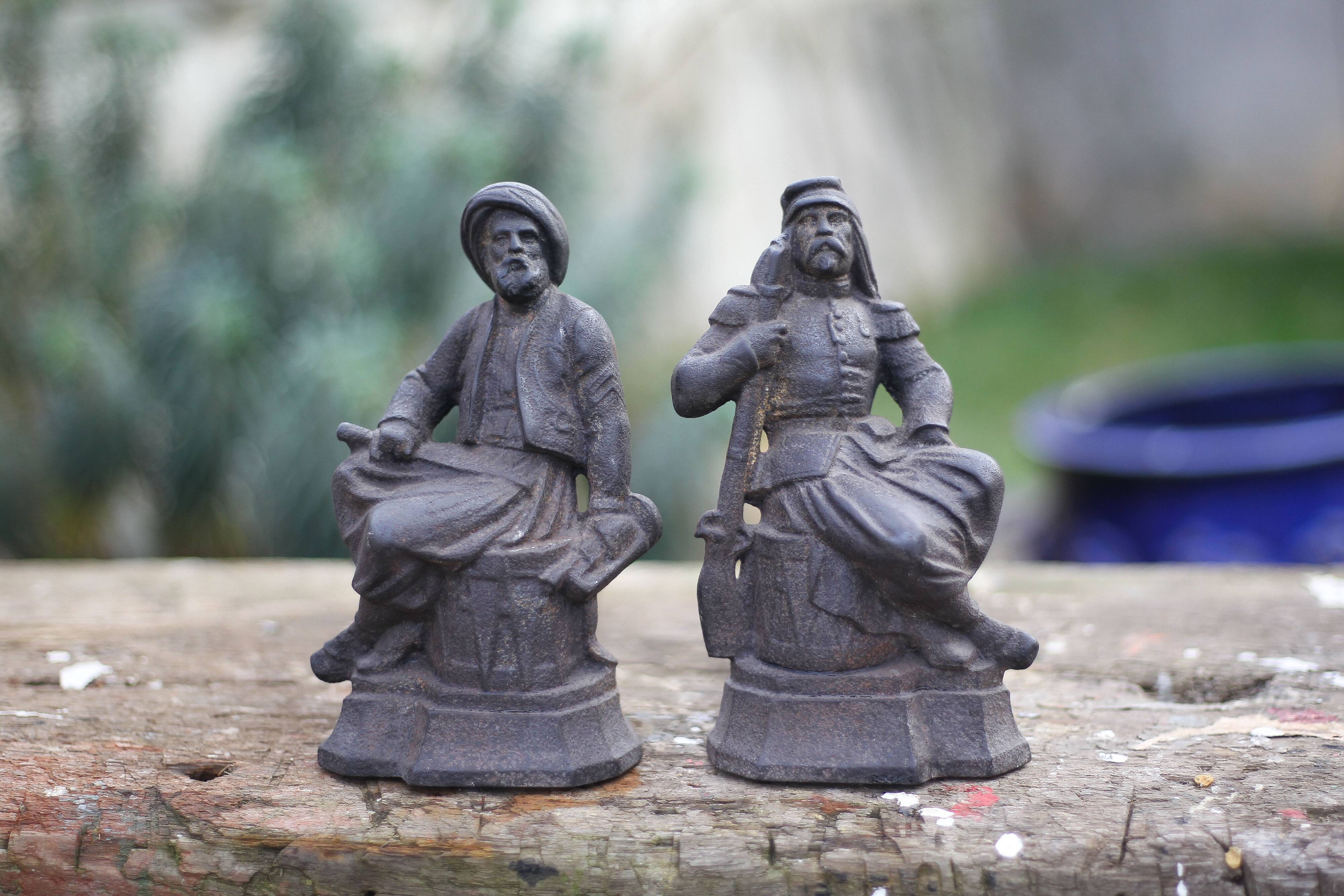 Pair of vintage fireplace andirons, anthropomorphic andirons, fireplace accessories