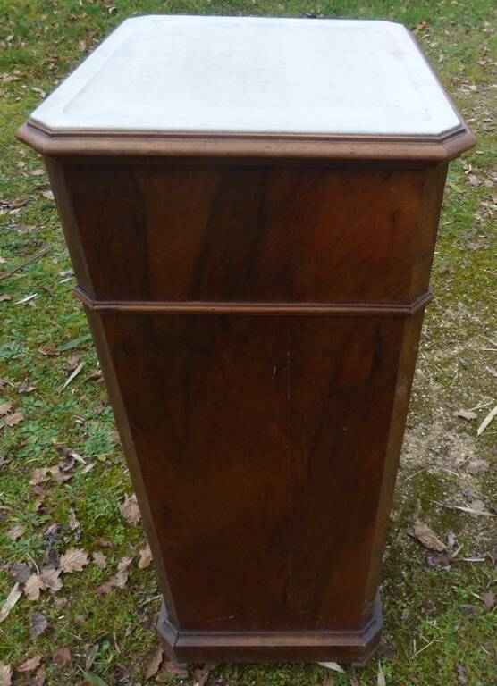 Walnut and walnut veneer bedside table with marble around 1900, door with drawers