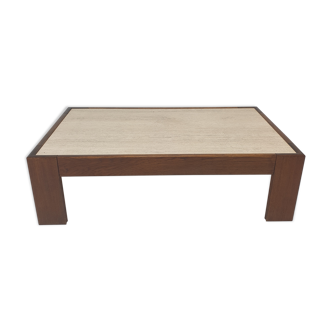 Travertine Coffee Table With Oak Base, 1970s