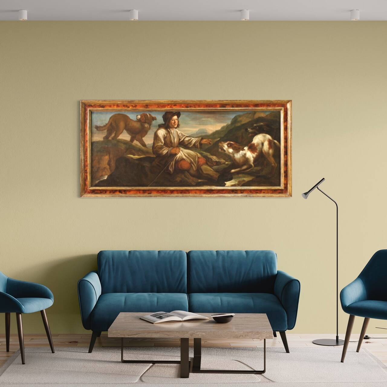 Tableau lombard antique du XVIIe siècle, le berger avec ses chiens