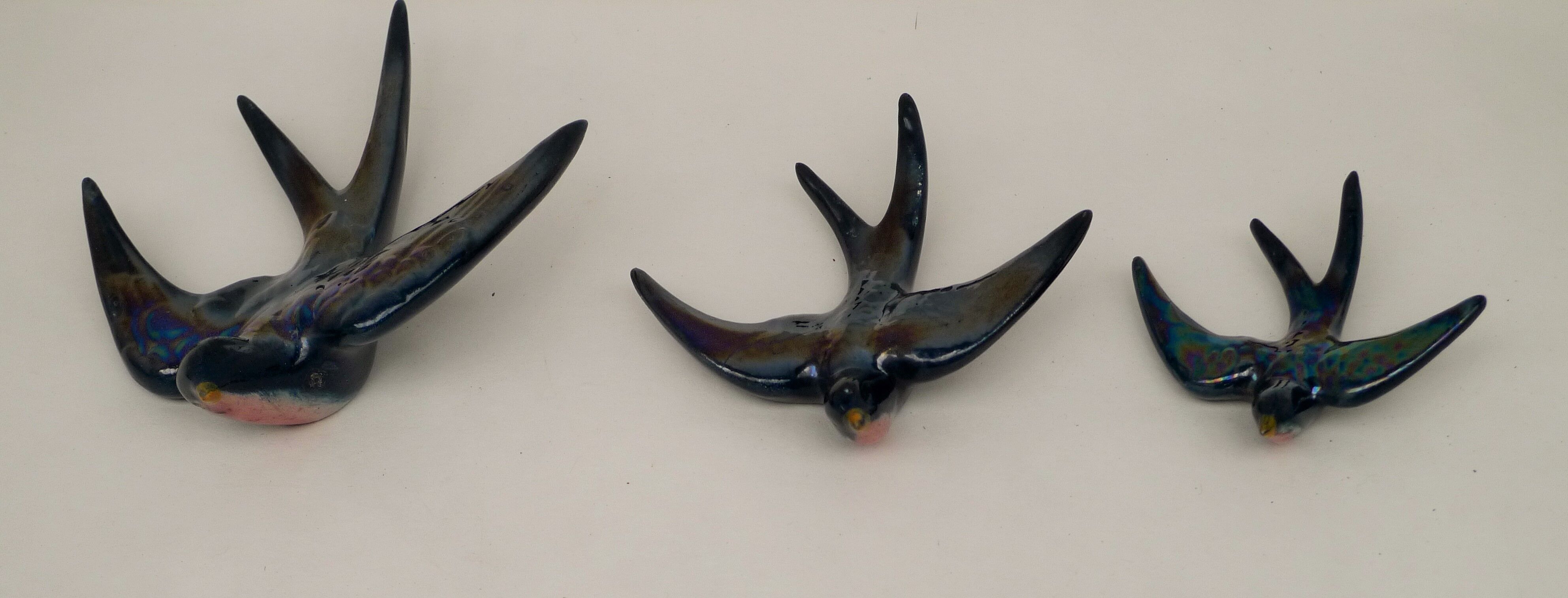 3 iridescent ceramic swallows