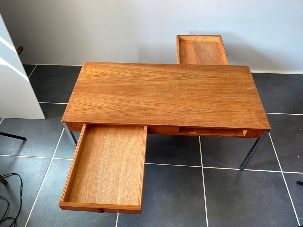 Table basse teck scandinave pieds chromés vintage 1960