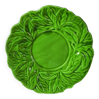 Vintage ceramic barbotine plate in the shape of green leaves