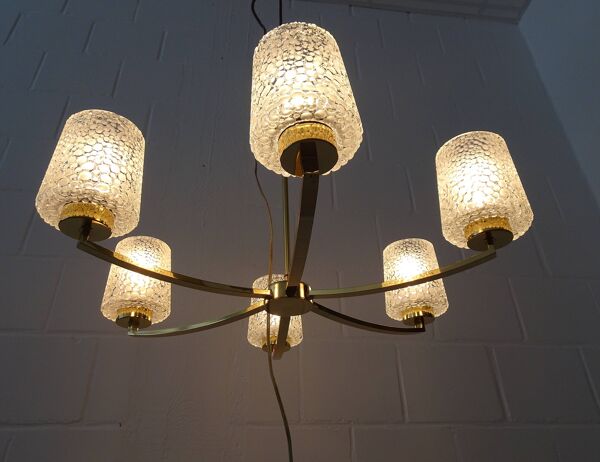 lustre en laiton et en verre à six bras, grand plafonnier du milieu du siècle
