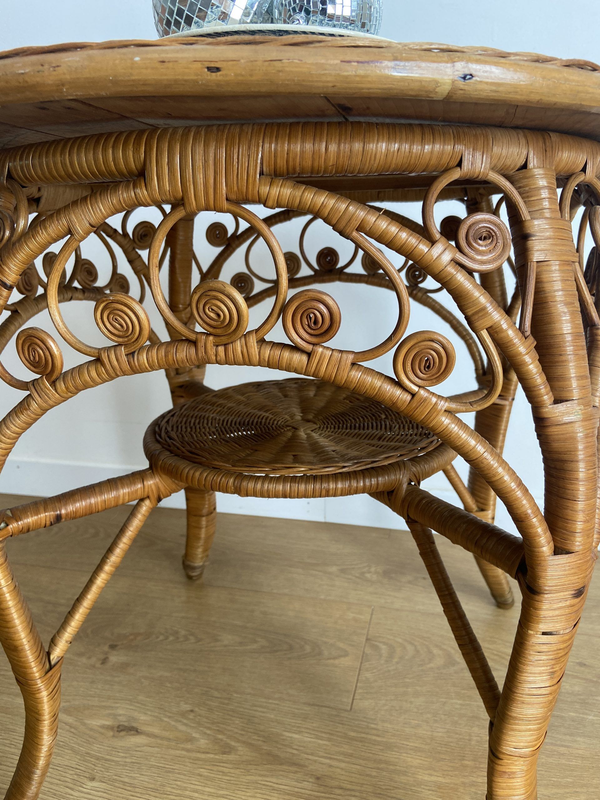 VINTAGE RATTAN SIDE TABLE PEACOCK PATTERN