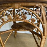 VINTAGE RATTAN SIDE TABLE PEACOCK PATTERN