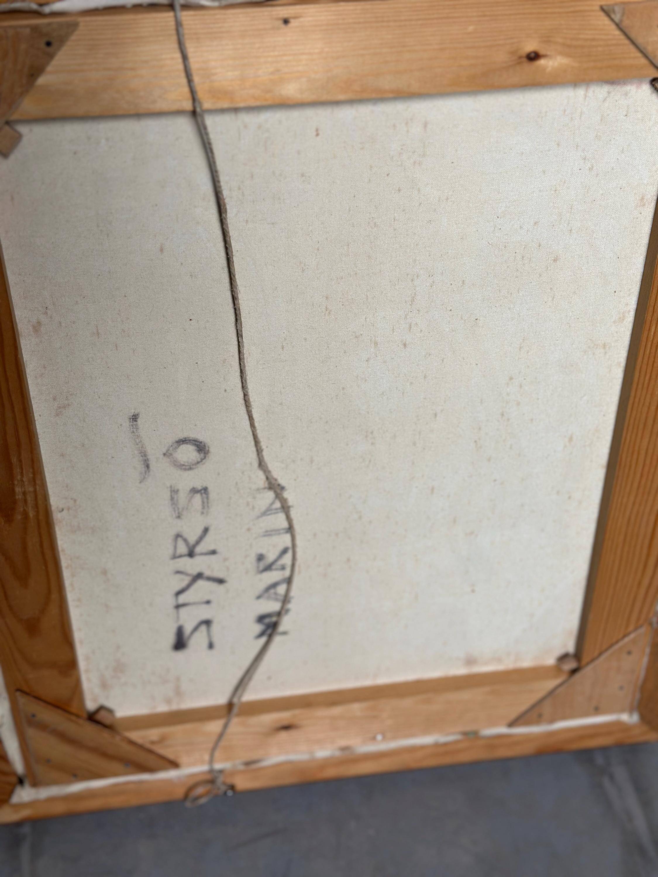 Huile sur toile suédoise d'époque mi-siècle – « Maison de bateau » par Nils Öberg – Vintage et encadrée – 53,5 × 45,5 cm (21,1" × 17,9")