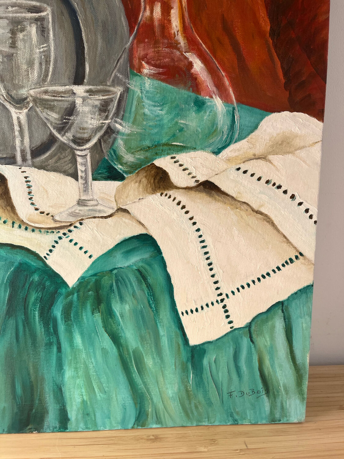 Still life, carafe and glasses, oil on cardboard signed Francine Dubois.