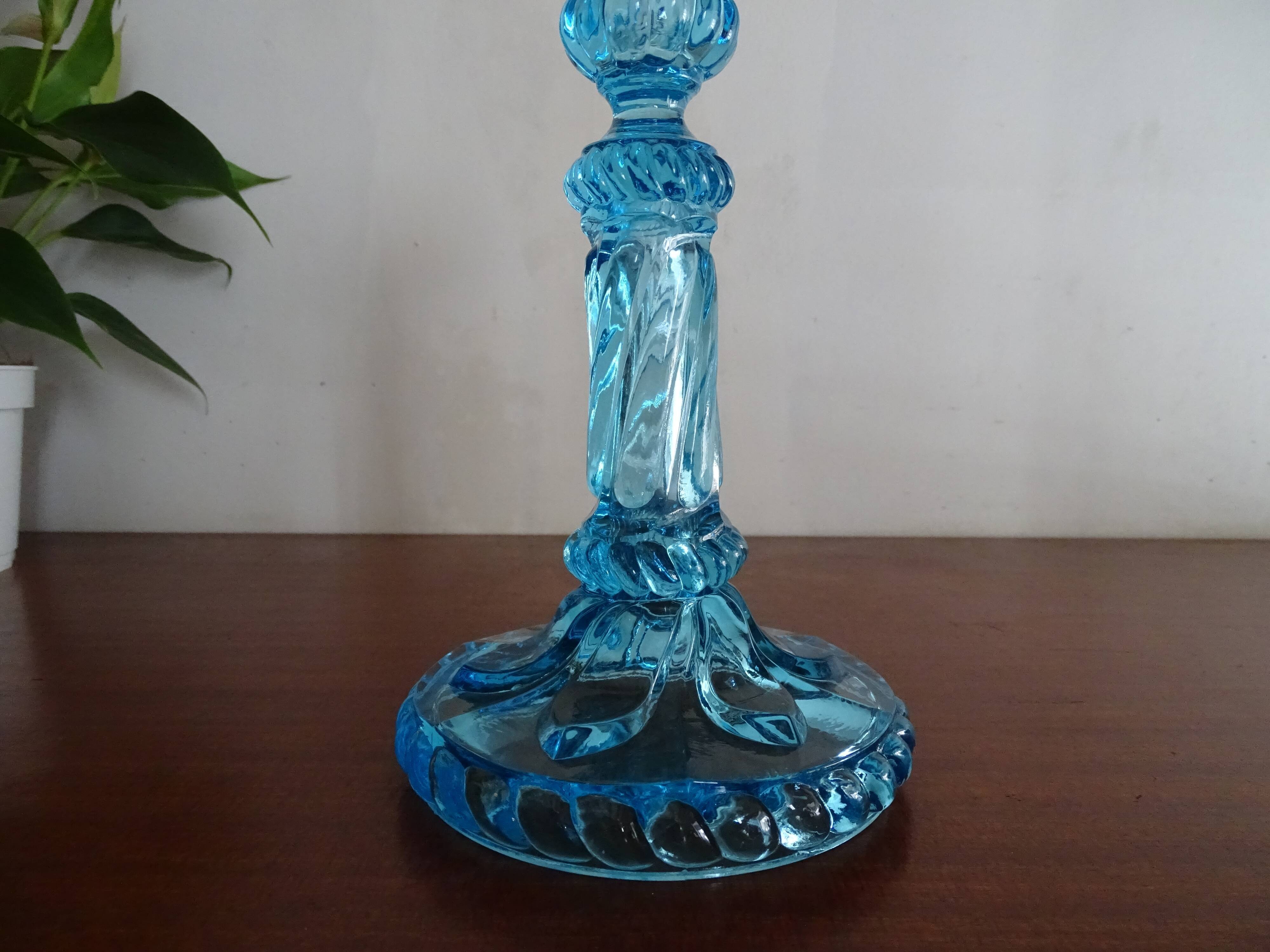 Candleholder Door blue molded glass signed