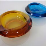 Amber and Blue Sklo Union Glass Ashtrays by Rudolf Jurnikl, Czechoslovakia, 1960s, Set of 2